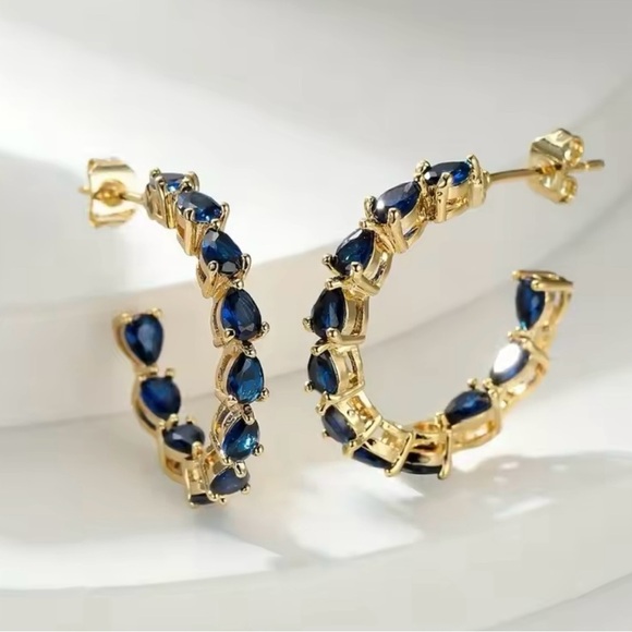 Blue Teardrop Zirconia Hoop Earrings - Picture 3 of 5